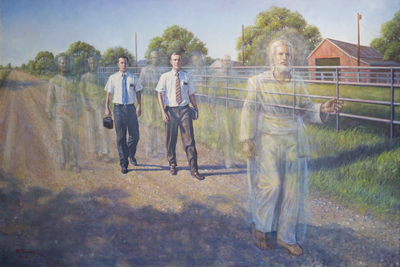 Sisters - Oil painting depicting missionaries with spiritual figures