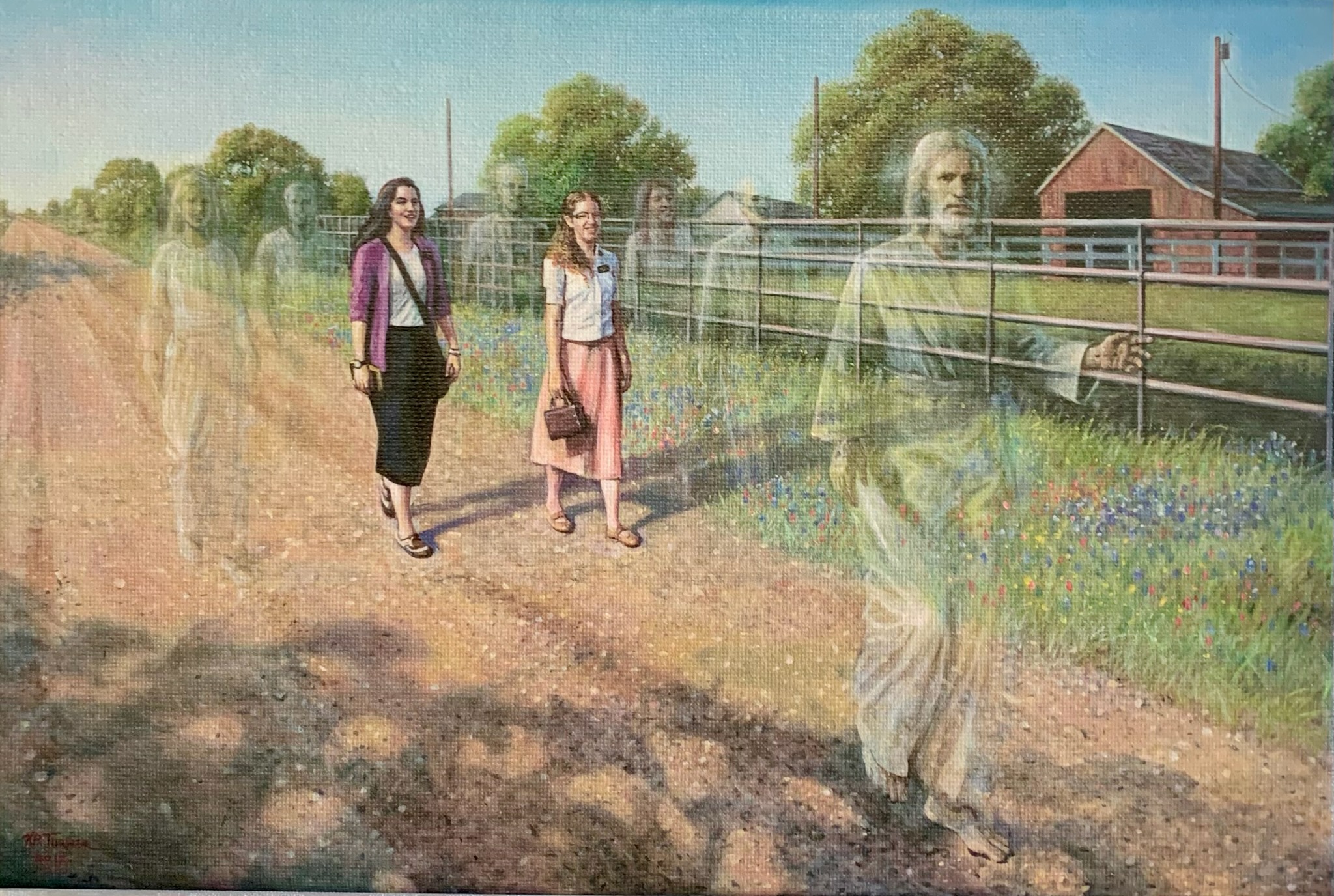 Sisters - Oil painting depicting missionaries with spiritual figures